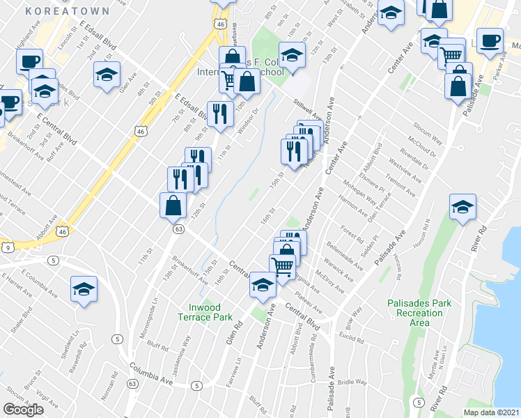 map of restaurants, bars, coffee shops, grocery stores, and more near 1292 15th Street in Fort Lee
