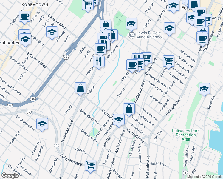 map of restaurants, bars, coffee shops, grocery stores, and more near 1292 15th Street in Fort Lee