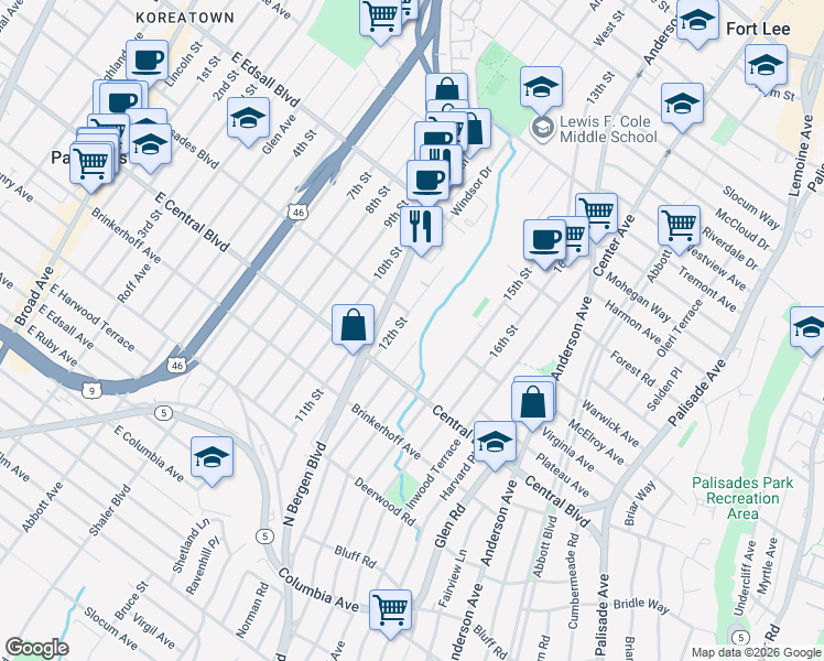 map of restaurants, bars, coffee shops, grocery stores, and more near 340 12th Street in Palisades Park