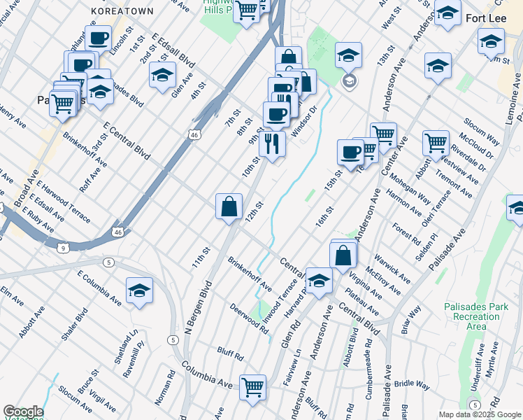 map of restaurants, bars, coffee shops, grocery stores, and more near 340 12th Street in Palisades Park