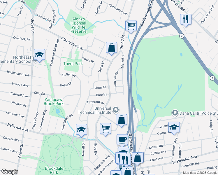 map of restaurants, bars, coffee shops, grocery stores, and more near 65 Ivanhoe Terrace in Bloomfield