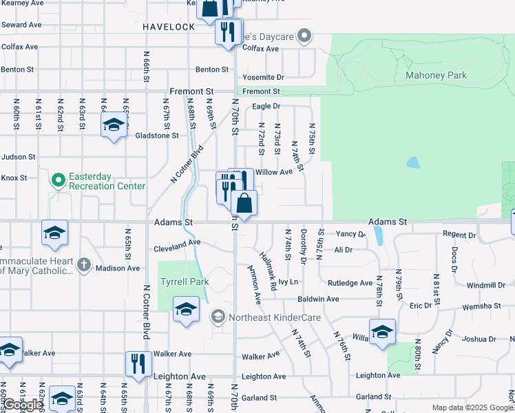 map of restaurants, bars, coffee shops, grocery stores, and more near 7120 Adams Street in Lincoln