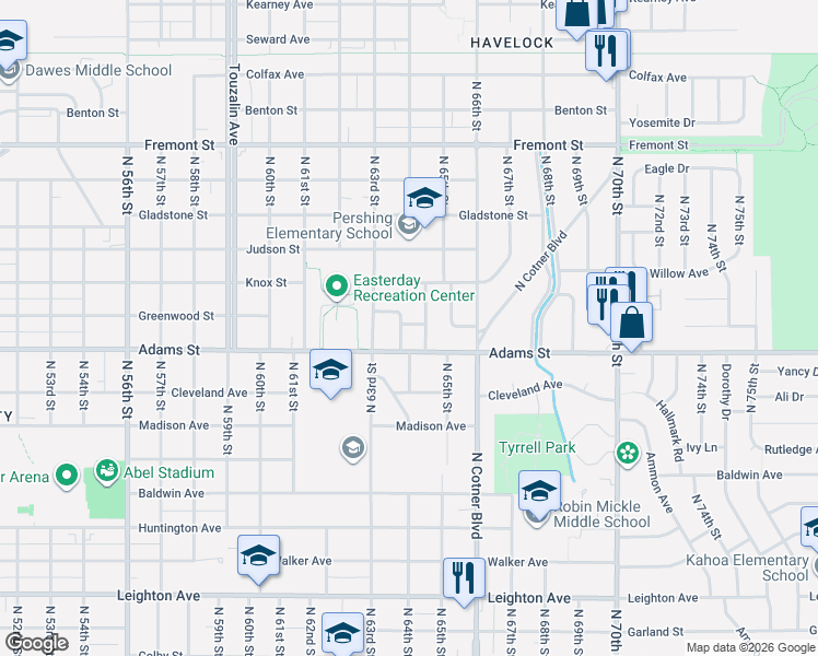 map of restaurants, bars, coffee shops, grocery stores, and more near 6350 Gregory Avenue in Lincoln