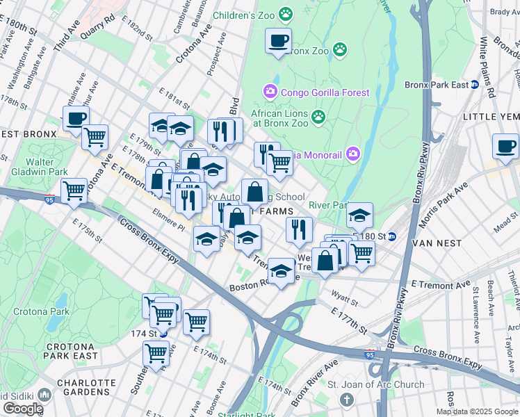 map of restaurants, bars, coffee shops, grocery stores, and more near 943 East 179th Street in Bronx