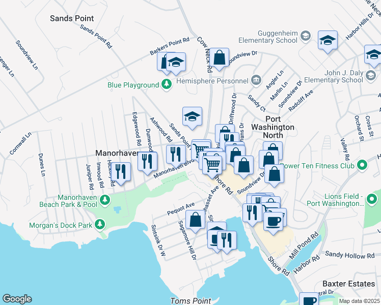 map of restaurants, bars, coffee shops, grocery stores, and more near 3 Sands Point Road in Port Washington