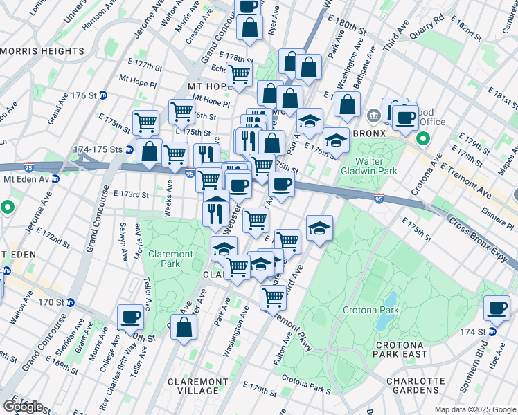 map of restaurants, bars, coffee shops, grocery stores, and more near 4029 Park Avenue in Bronx