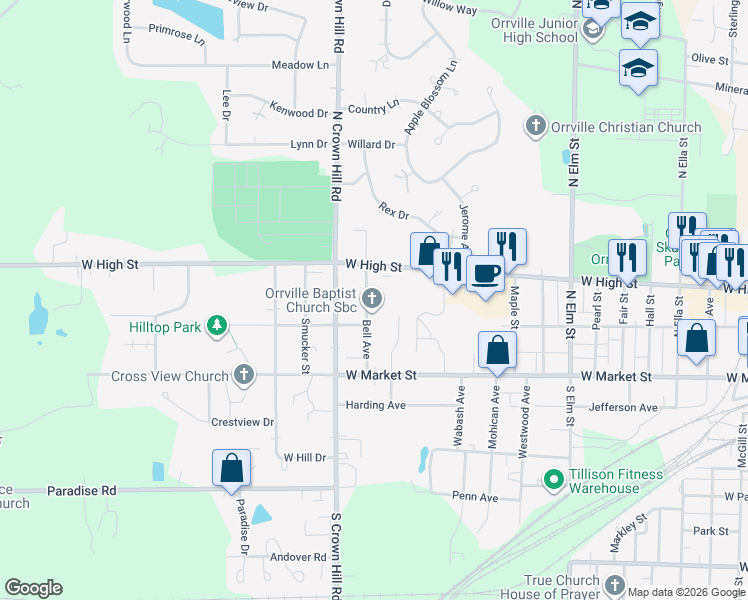 map of restaurants, bars, coffee shops, grocery stores, and more near 236 Bell Avenue in Orrville