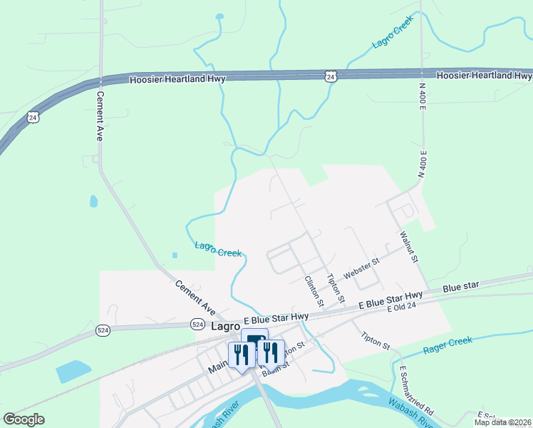 map of restaurants, bars, coffee shops, grocery stores, and more near 970 Tipton Street in Lagro