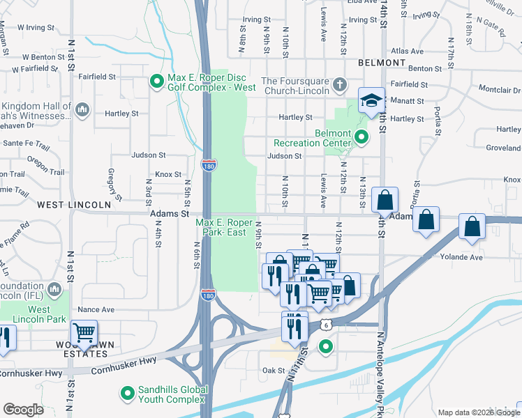 map of restaurants, bars, coffee shops, grocery stores, and more near 3130 North 9th Street in Lincoln