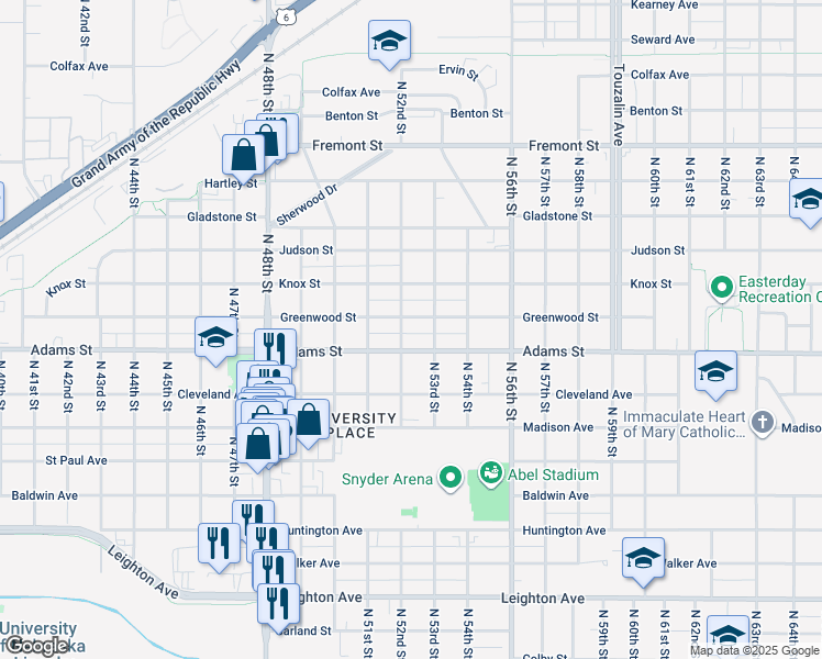 map of restaurants, bars, coffee shops, grocery stores, and more near 5209 Greenwood Street in Lincoln