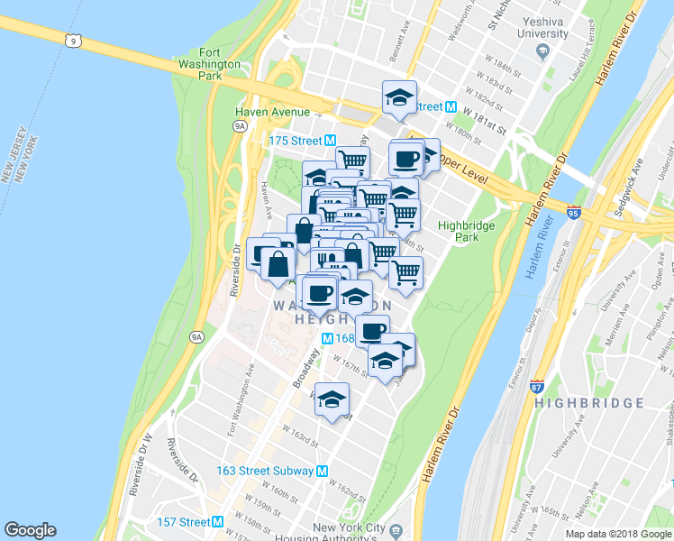 map of restaurants, bars, coffee shops, grocery stores, and more near 619 W 171st St in New York