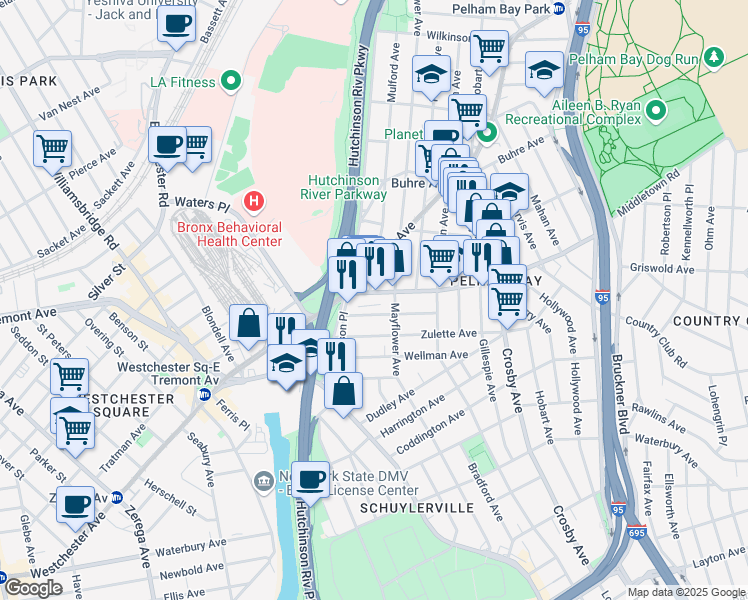 map of restaurants, bars, coffee shops, grocery stores, and more near 2826 Middletown Road in The Bronx