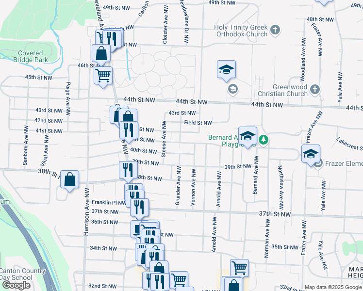 map of restaurants, bars, coffee shops, grocery stores, and more near 1428 41st Street Northwest in Canton