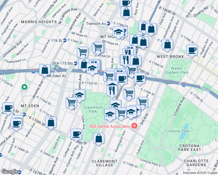map of restaurants, bars, coffee shops, grocery stores, and more near 347 East 173rd Street in The Bronx