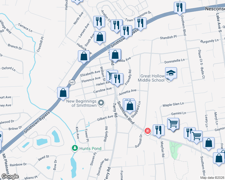 map of restaurants, bars, coffee shops, grocery stores, and more near 190 Terry Road in Smithtown