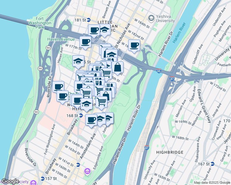 map of restaurants, bars, coffee shops, grocery stores, and more near 2301 Amsterdam Avenue in New York