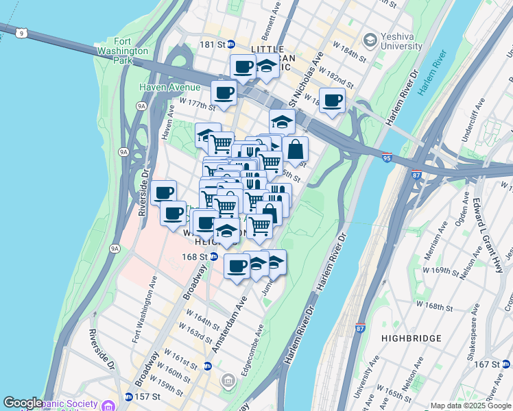 map of restaurants, bars, coffee shops, grocery stores, and more near 559 West 172nd Street in New York