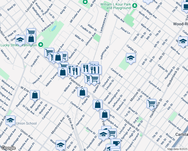 map of restaurants, bars, coffee shops, grocery stores, and more near 625 Paterson Avenue in Carlstadt