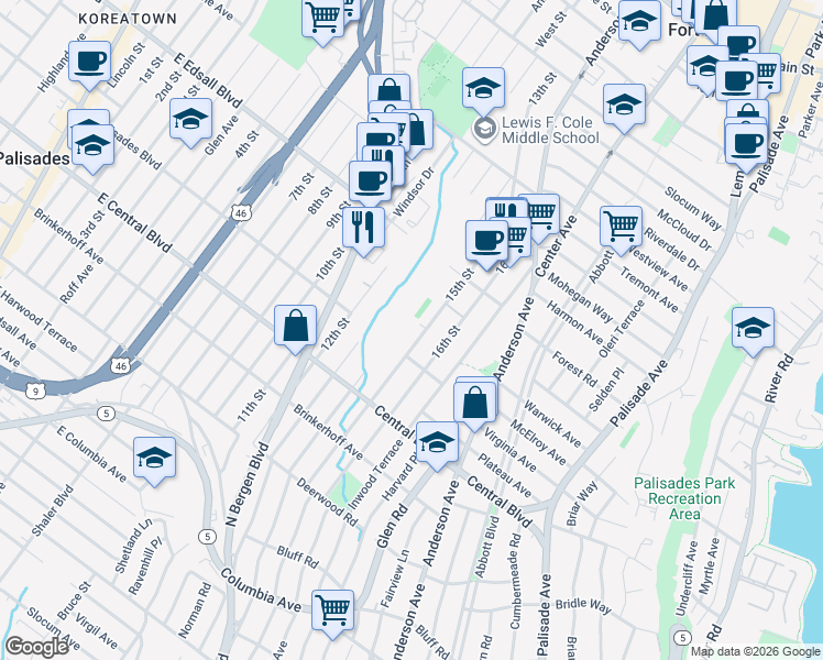 map of restaurants, bars, coffee shops, grocery stores, and more near 1292 15th Street in Fort Lee