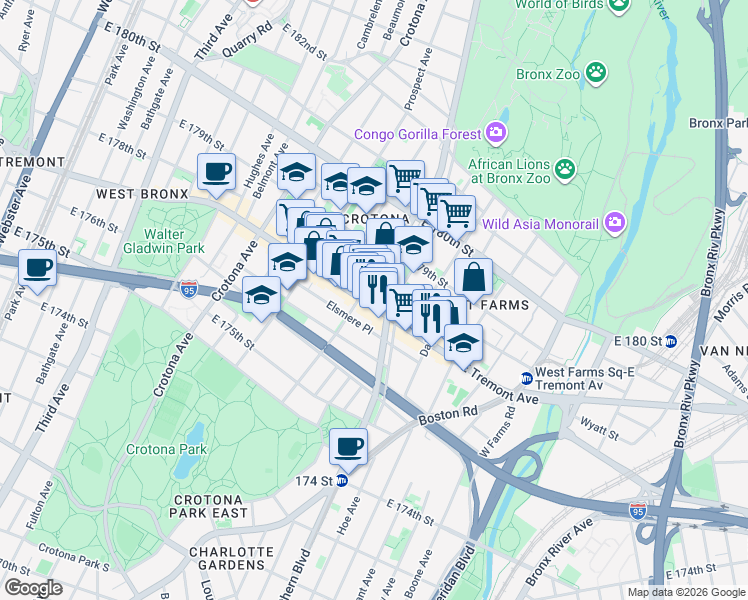 map of restaurants, bars, coffee shops, grocery stores, and more near 861 East Tremont Avenue in Bronx