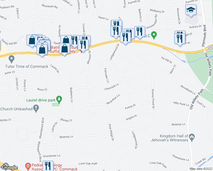 map of restaurants, bars, coffee shops, grocery stores, and more near 41 Churchill Lane in Smithtown