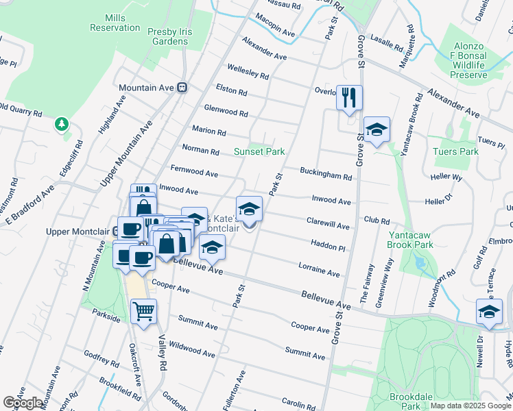 map of restaurants, bars, coffee shops, grocery stores, and more near 446 Park Street in Montclair