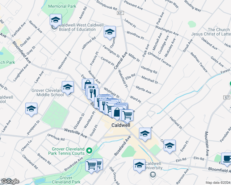 map of restaurants, bars, coffee shops, grocery stores, and more near 19 Whitfield Street in Caldwell