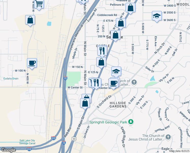 map of restaurants, bars, coffee shops, grocery stores, and more near 25 East Center Street in North Salt Lake