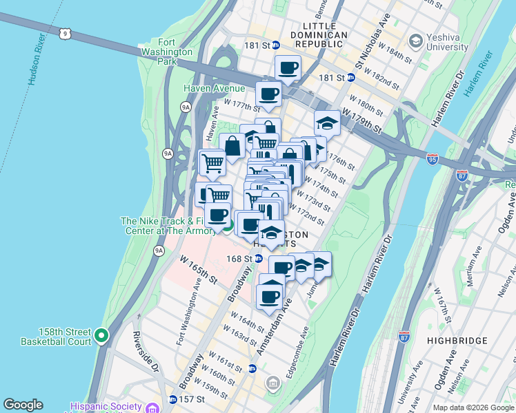 map of restaurants, bars, coffee shops, grocery stores, and more near 620 West 171st Street in New York
