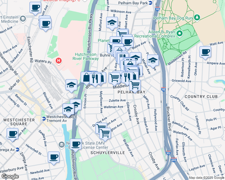 map of restaurants, bars, coffee shops, grocery stores, and more near 2890 Middletown Road in The Bronx