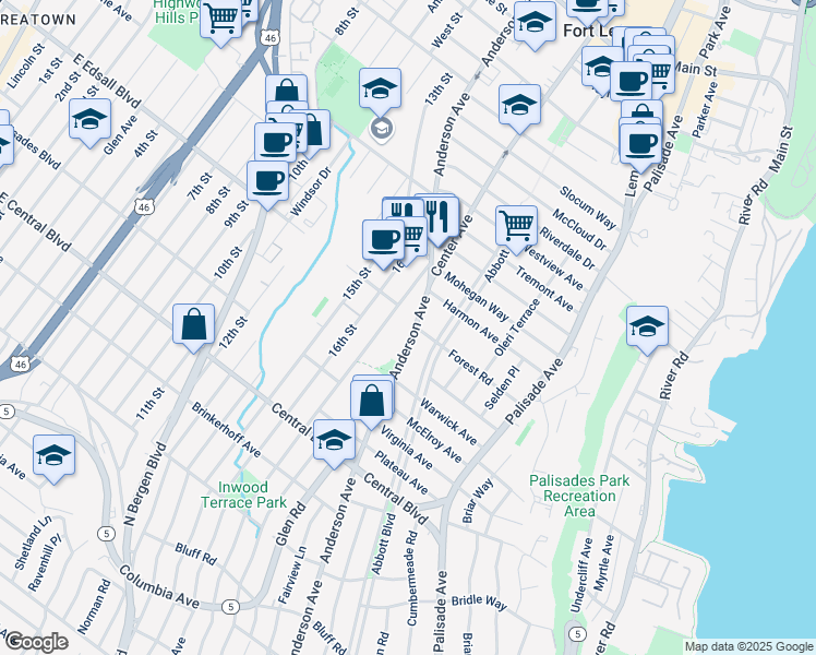 map of restaurants, bars, coffee shops, grocery stores, and more near 1319 Anderson Avenue in Fort Lee