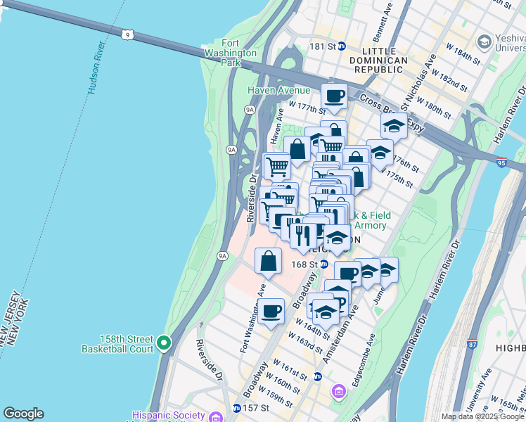 map of restaurants, bars, coffee shops, grocery stores, and more near 70 Haven Avenue in New York