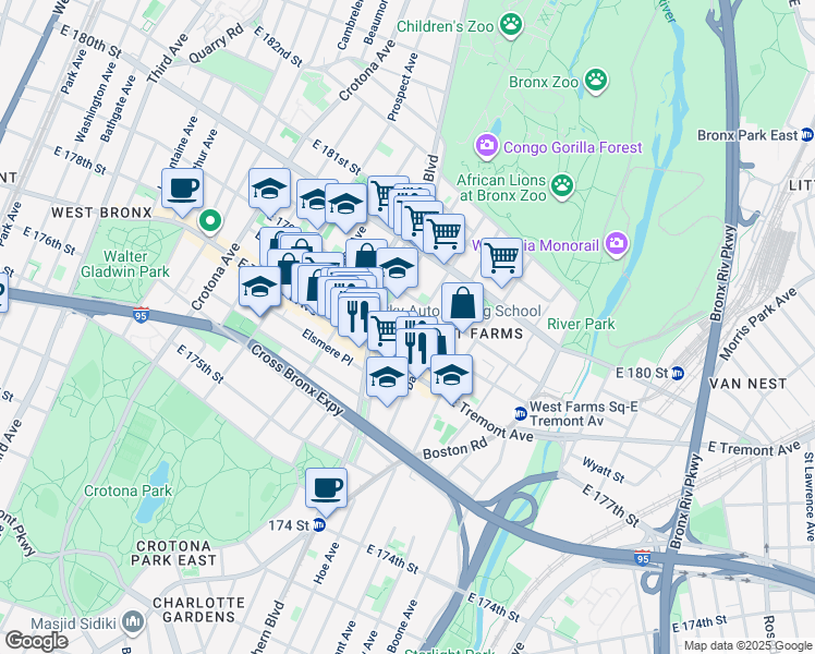 map of restaurants, bars, coffee shops, grocery stores, and more near 887 East 178th Street in Bronx