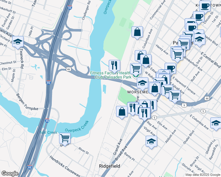 map of restaurants, bars, coffee shops, grocery stores, and more near Railroad Avenue in Ridgefield