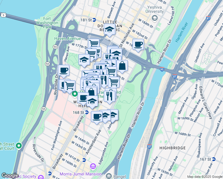 map of restaurants, bars, coffee shops, grocery stores, and more near 155 Audubon Avenue in New York