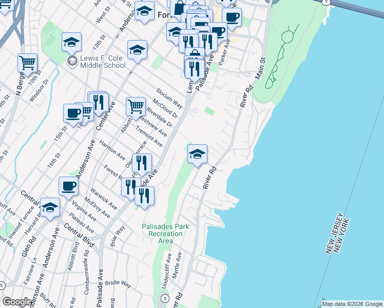 map of restaurants, bars, coffee shops, grocery stores, and more near 40-54 Palisade Plaza in Edgewater