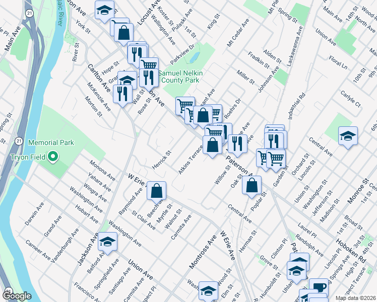 map of restaurants, bars, coffee shops, grocery stores, and more near 37 Bobbink Terrace in East Rutherford