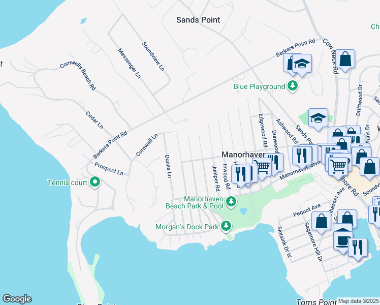 map of restaurants, bars, coffee shops, grocery stores, and more near 50 Linwood Road North in Port Washington