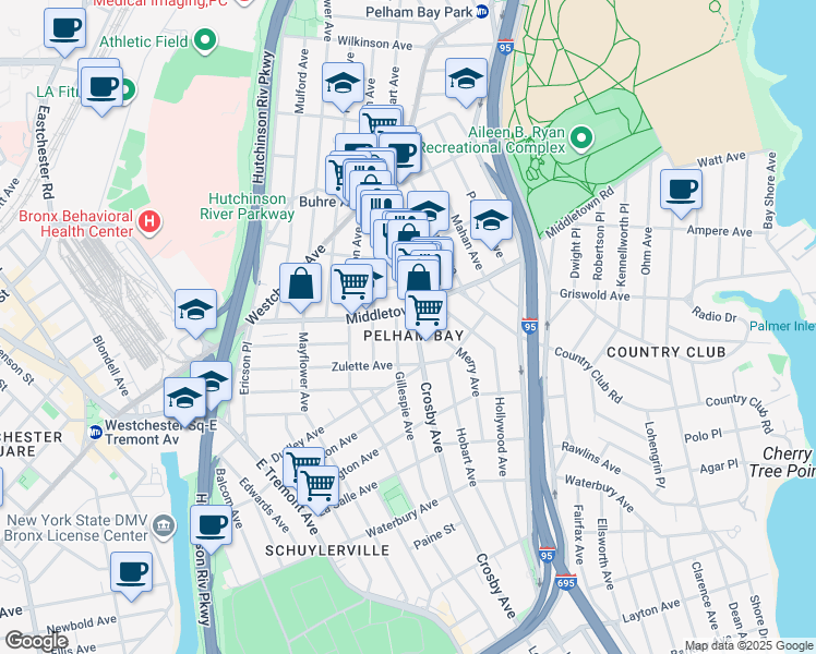 map of restaurants, bars, coffee shops, grocery stores, and more near 1608 Crosby Avenue in The Bronx