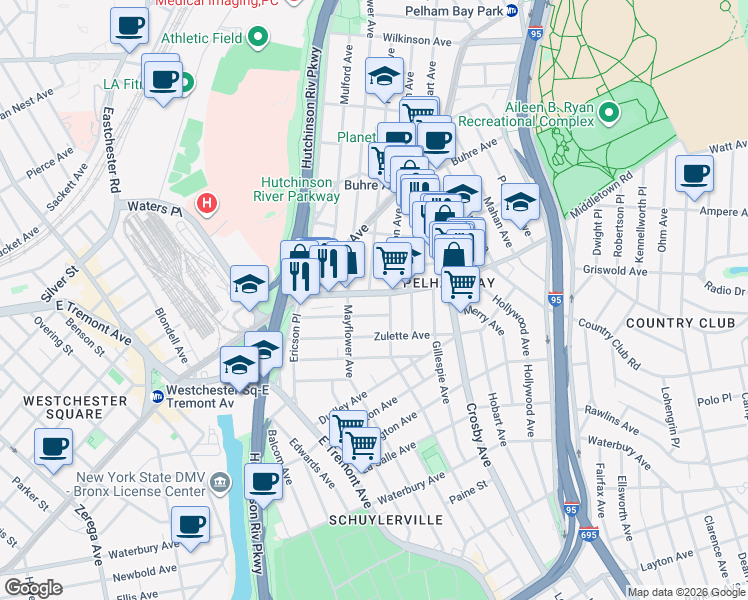 map of restaurants, bars, coffee shops, grocery stores, and more near 2902 Middletown Road in Bronx