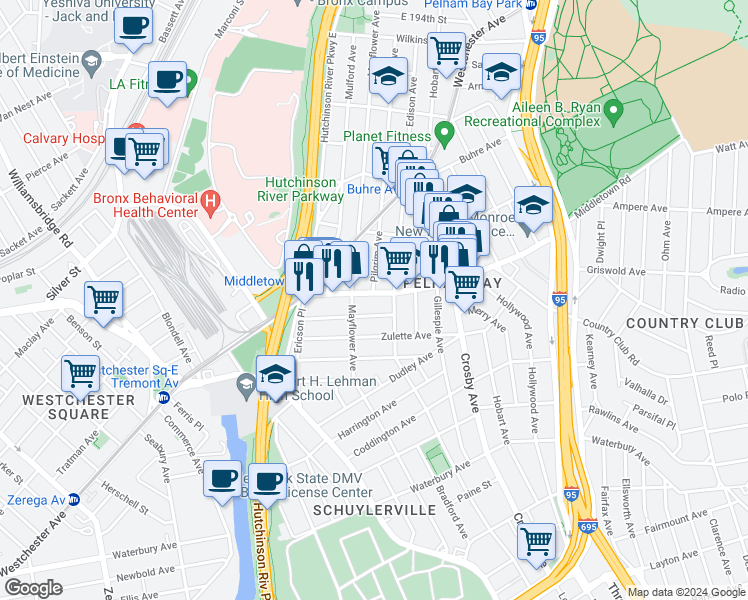 map of restaurants, bars, coffee shops, grocery stores, and more near 2850 Middletown Road in Bronx