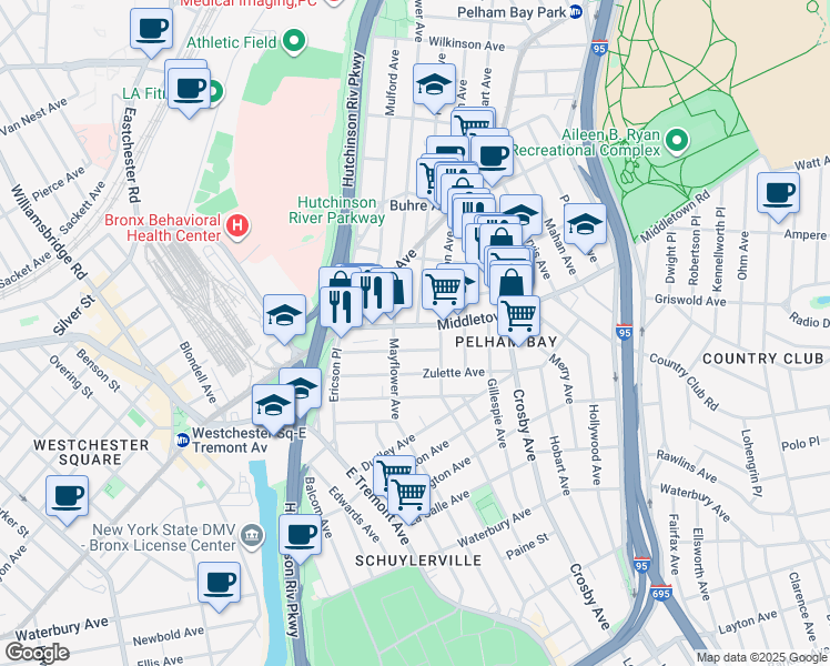 map of restaurants, bars, coffee shops, grocery stores, and more near 2850 Middletown Road in Bronx