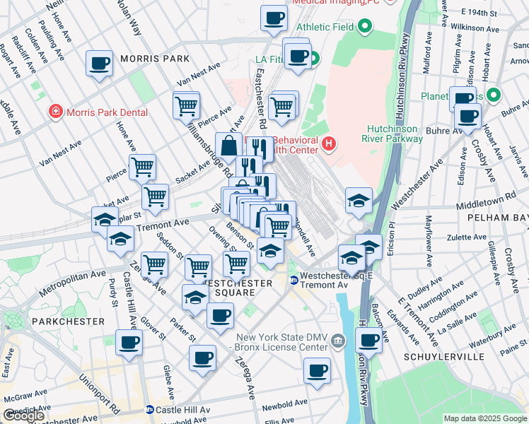 map of restaurants, bars, coffee shops, grocery stores, and more near 2601 Saint Raymond Avenue in Bronx