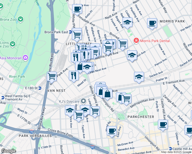 map of restaurants, bars, coffee shops, grocery stores, and more near 1670 Hunt Avenue in The Bronx