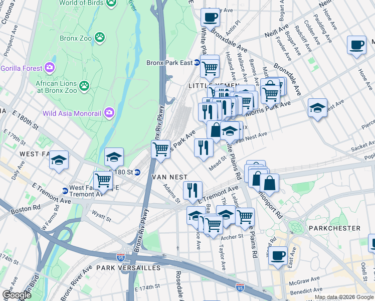 map of restaurants, bars, coffee shops, grocery stores, and more near in The Bronx