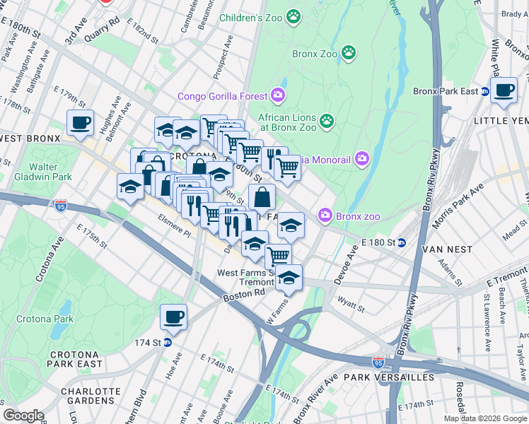 map of restaurants, bars, coffee shops, grocery stores, and more near 2061 Daly Avenue in Bronx