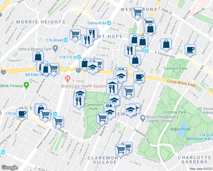 map of restaurants, bars, coffee shops, grocery stores, and more near 347 East 173rd Street in Bronx