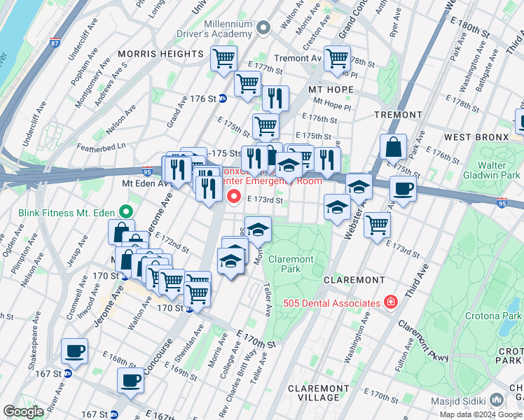 map of restaurants, bars, coffee shops, grocery stores, and more near 1658 Morris Avenue in Bronx