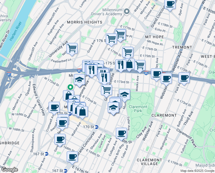 map of restaurants, bars, coffee shops, grocery stores, and more near in The Bronx