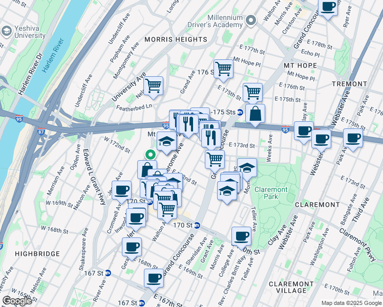 map of restaurants, bars, coffee shops, grocery stores, and more near in The Bronx